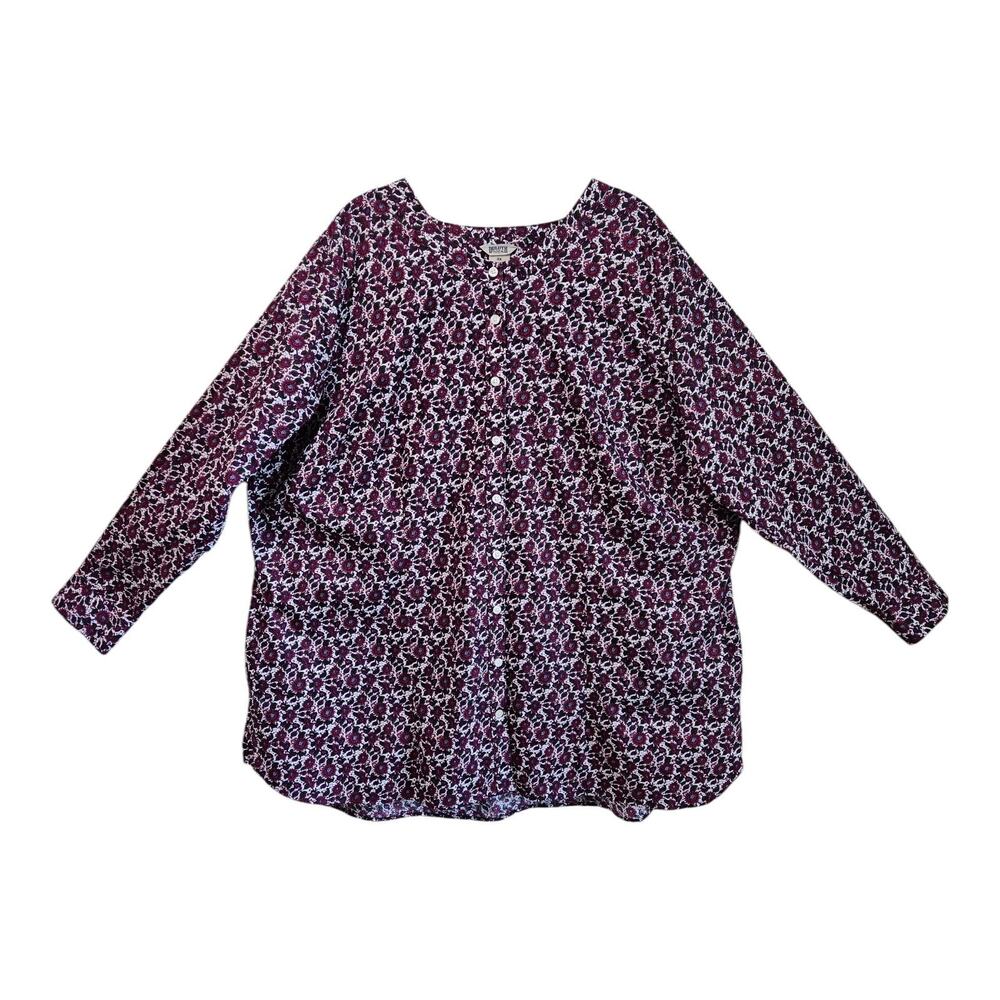 DULUTH TRADING Women's Plus 2X Tunic Top Button Up Purple Floral Cotton 54"